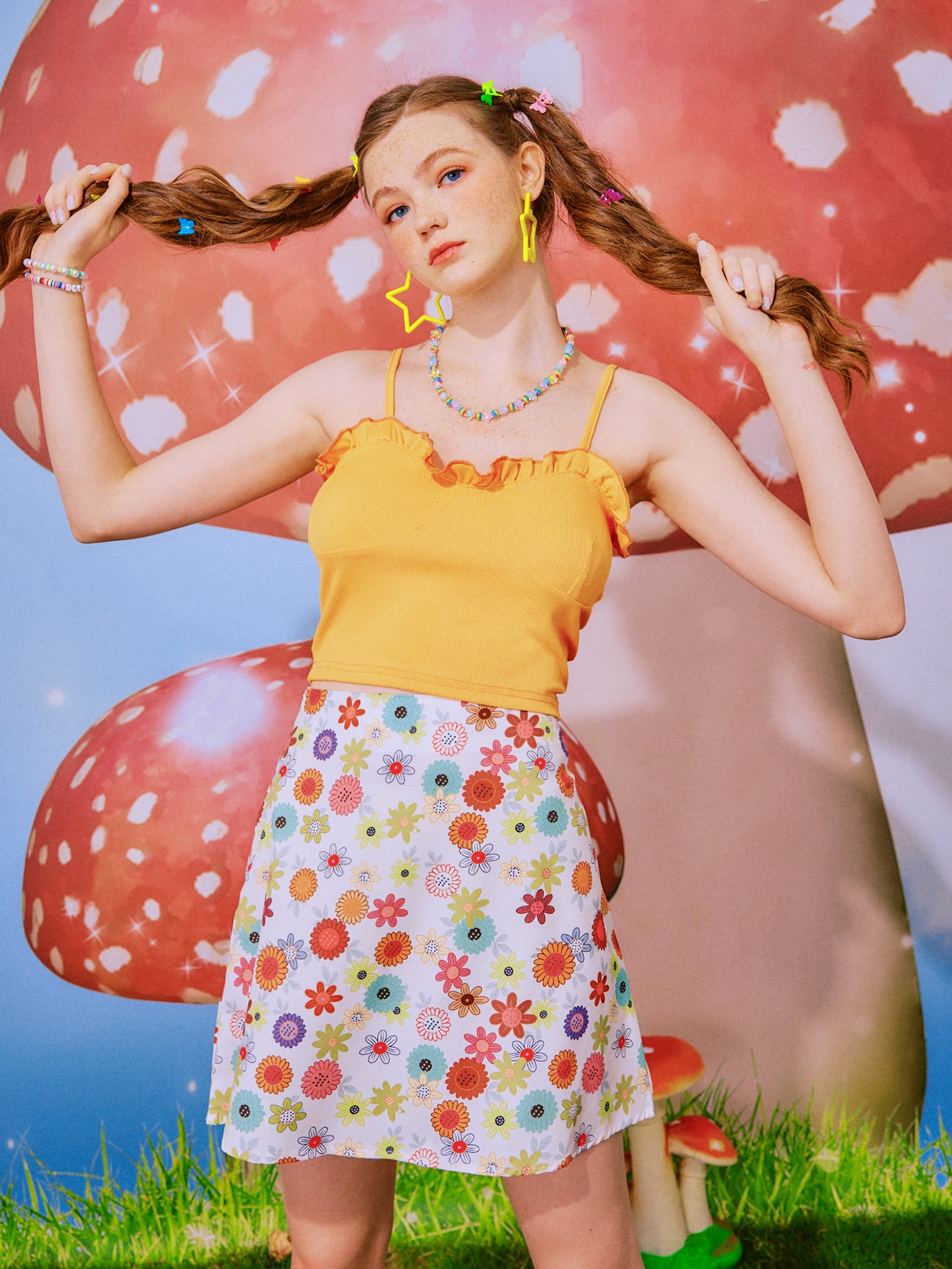 Frill Cami Top & Floral Print Skirt