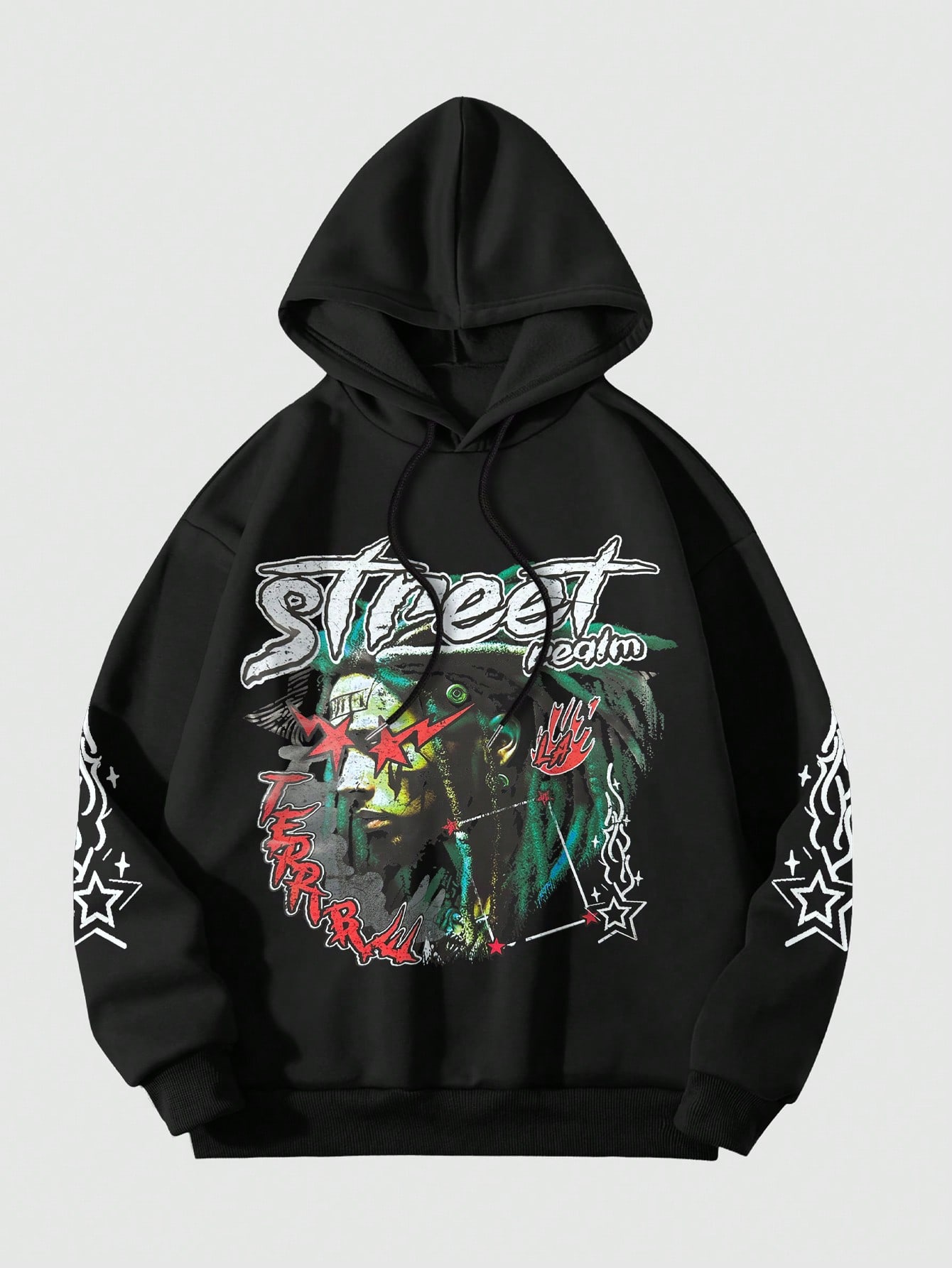 Street Life Men's Autumn/Winter Letter & Figure Print Drawstring Hoodie Casual Black Sweatshirt