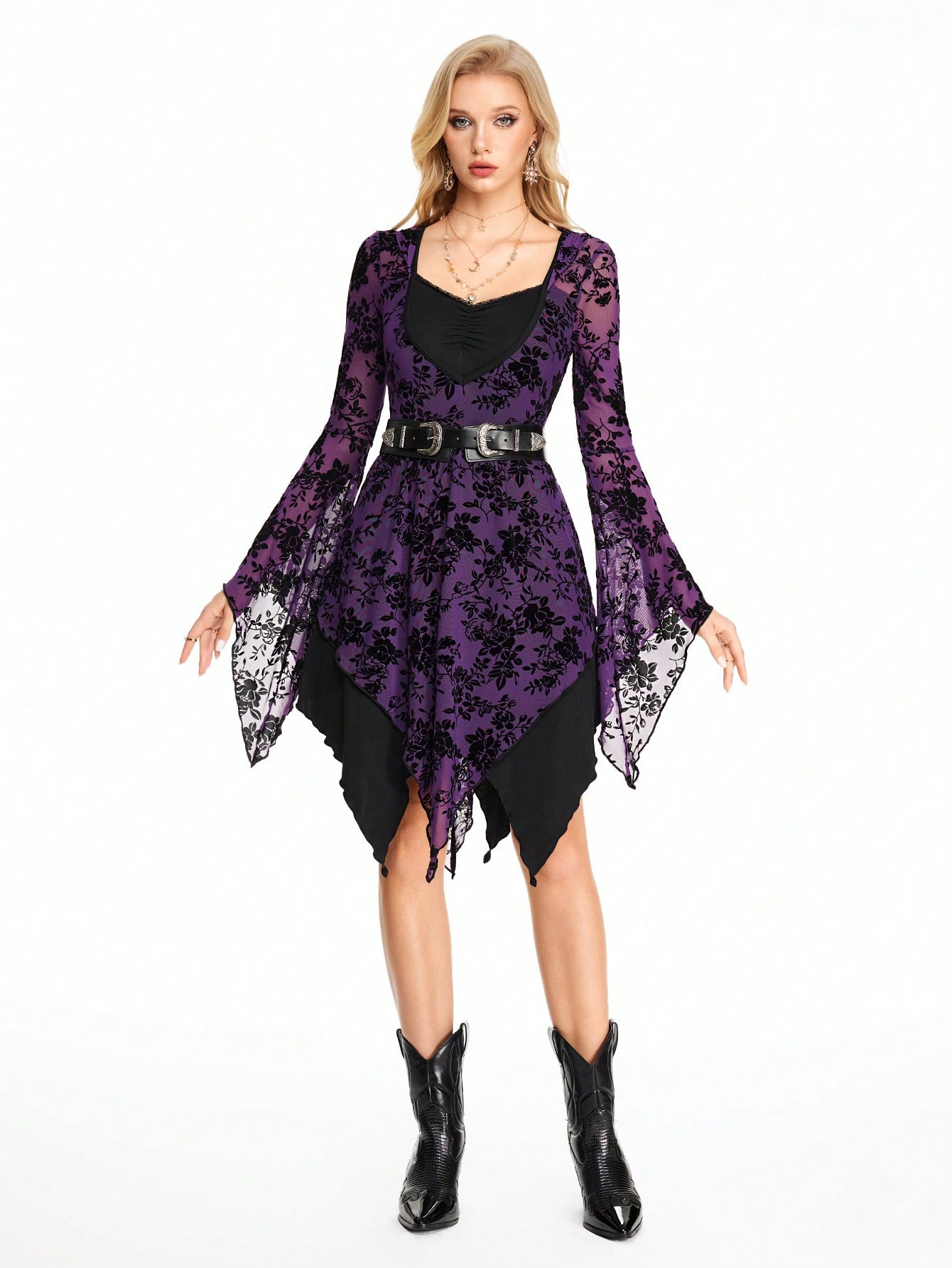 Grunge Punk Women Witch Style Hooded Flared Sleeve Asymmetrical Hem Flocked Material Midi Dress